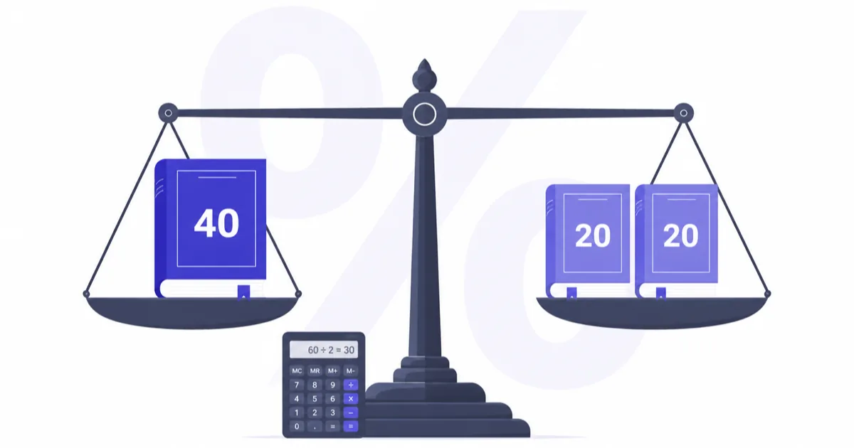 Balanced scale showing a 40-credit book equal to two 20-credit books for weighted averages