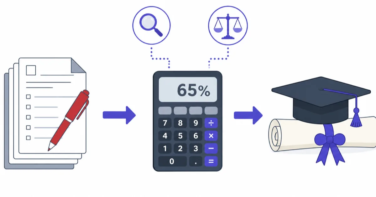 Journey illustration from marked exam papers through a calculator to a degree certificate