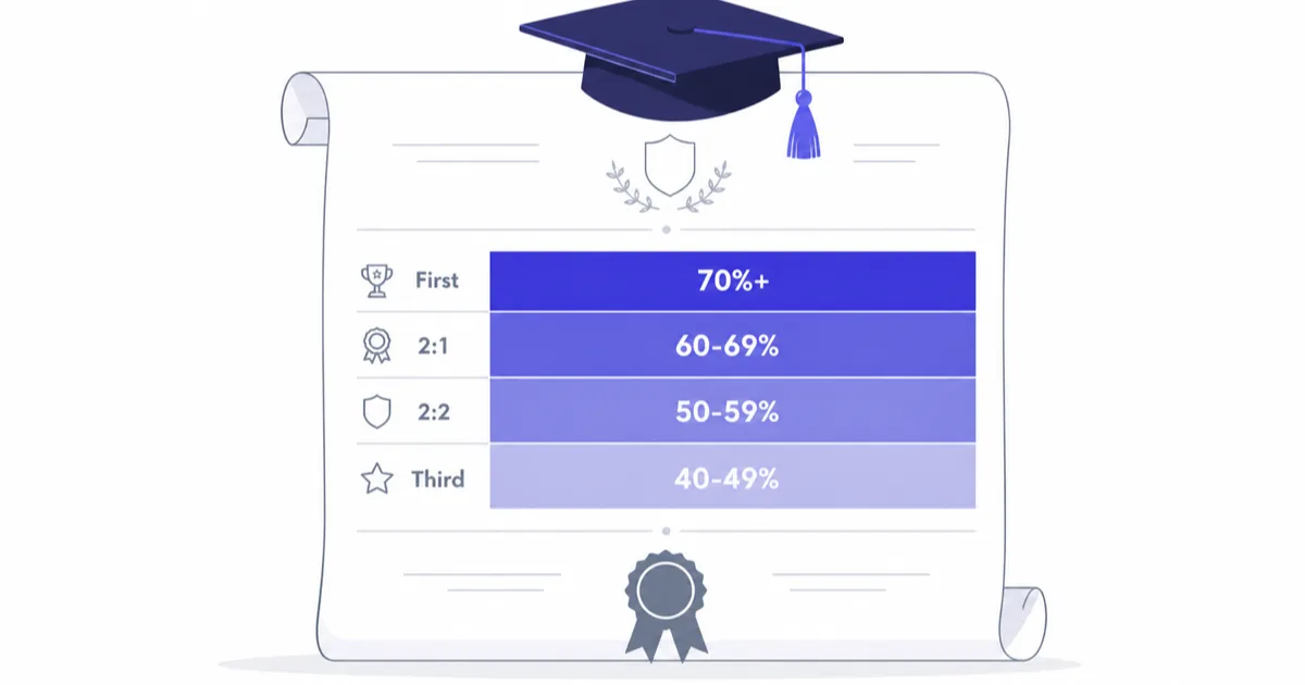 UK degree classification bands chart from First at 70%+ down to Third at 40-49%